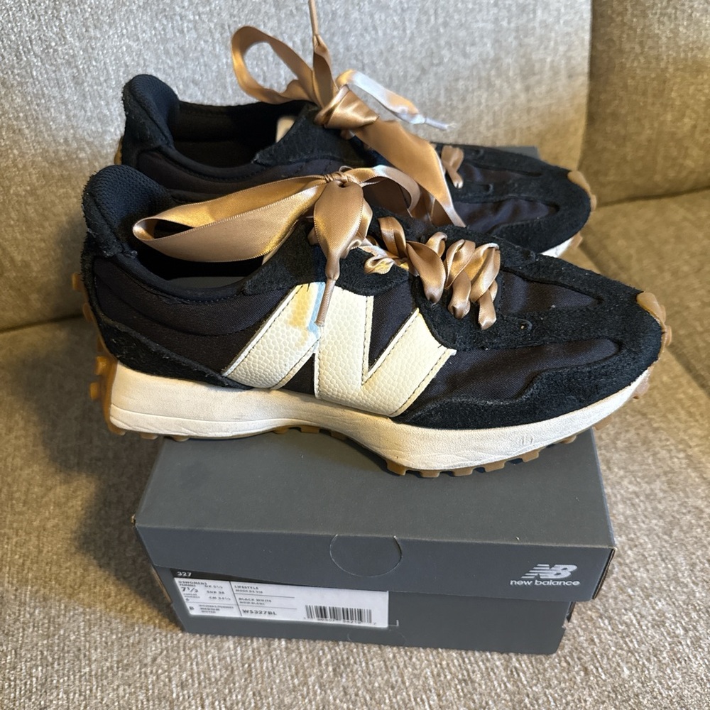 New Balance Black and Cream Sneakers with Gold Laces